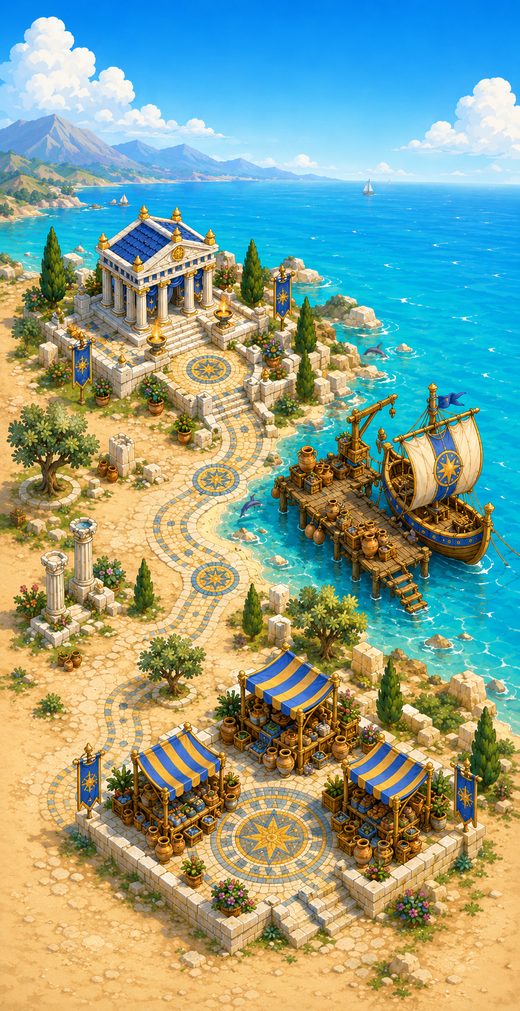 The Ancient Age map: a marble temple above a harbour and a market by the sea.