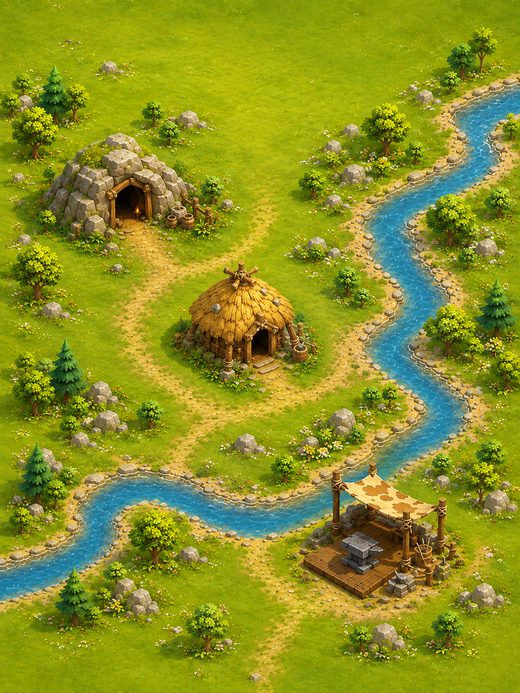 The Stone Age map: a cave, a hut and a workshop beside a winding river.