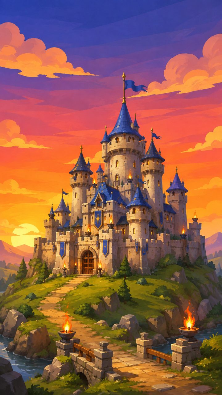The Age of Tycoon title screen: a hand-painted castle on a hilltop under a violet and orange sunset.